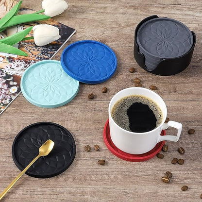 ME.FAN Silicone Coasters with Holder,[6 Pack] Drinking Coasters - Cup Mat for Hot or Cold Drinks, Thickened, Non-Slip, Non-Stick,Deep Tray Dark Purple
