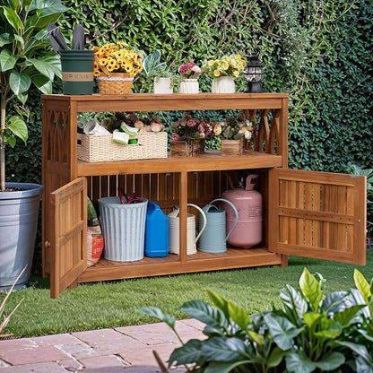 Greesum 2-Tier Outdoor Storage Cabinet in Acacia Wood, with 2 Magnetic Doors, for Garden, Picnic, Buffet, TV Stand, or Bar Table, Brown