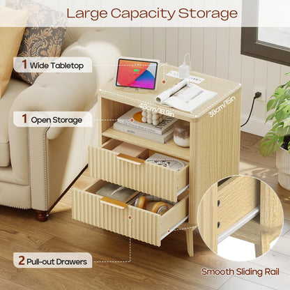 Turosur Night Stand with Charging Station, Fluted Nightstand with 2 Drawers, Wood Bedside Table with Open Storage, Modern Nightstands for Bedroom, Natural