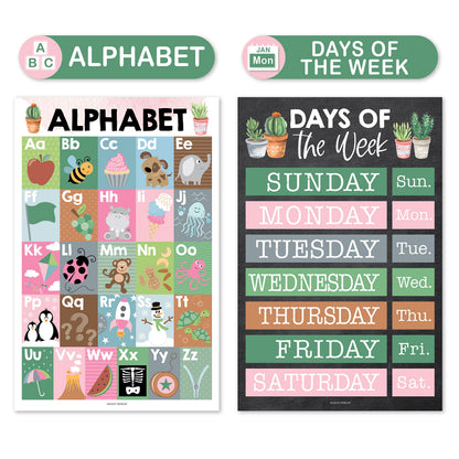 Hadley Designs 4 Alphabet, Months of the Year, Weather, Days of The Week Calendar For Kids, ABC Chart for Wall for Toddlers, Laminated Charts for PreK Classroom or Homeschool, Cactus Posters 11x17