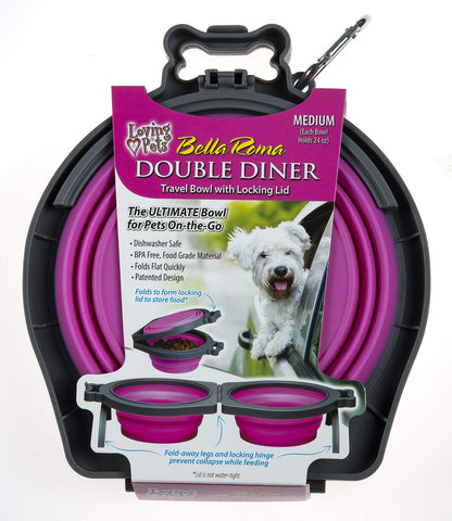 Loving Pets - Bella Roma Double Diner Portable Travel Dog Bowls Collapsible Combined Dog Food & Water Bowls (Pink, Medium)