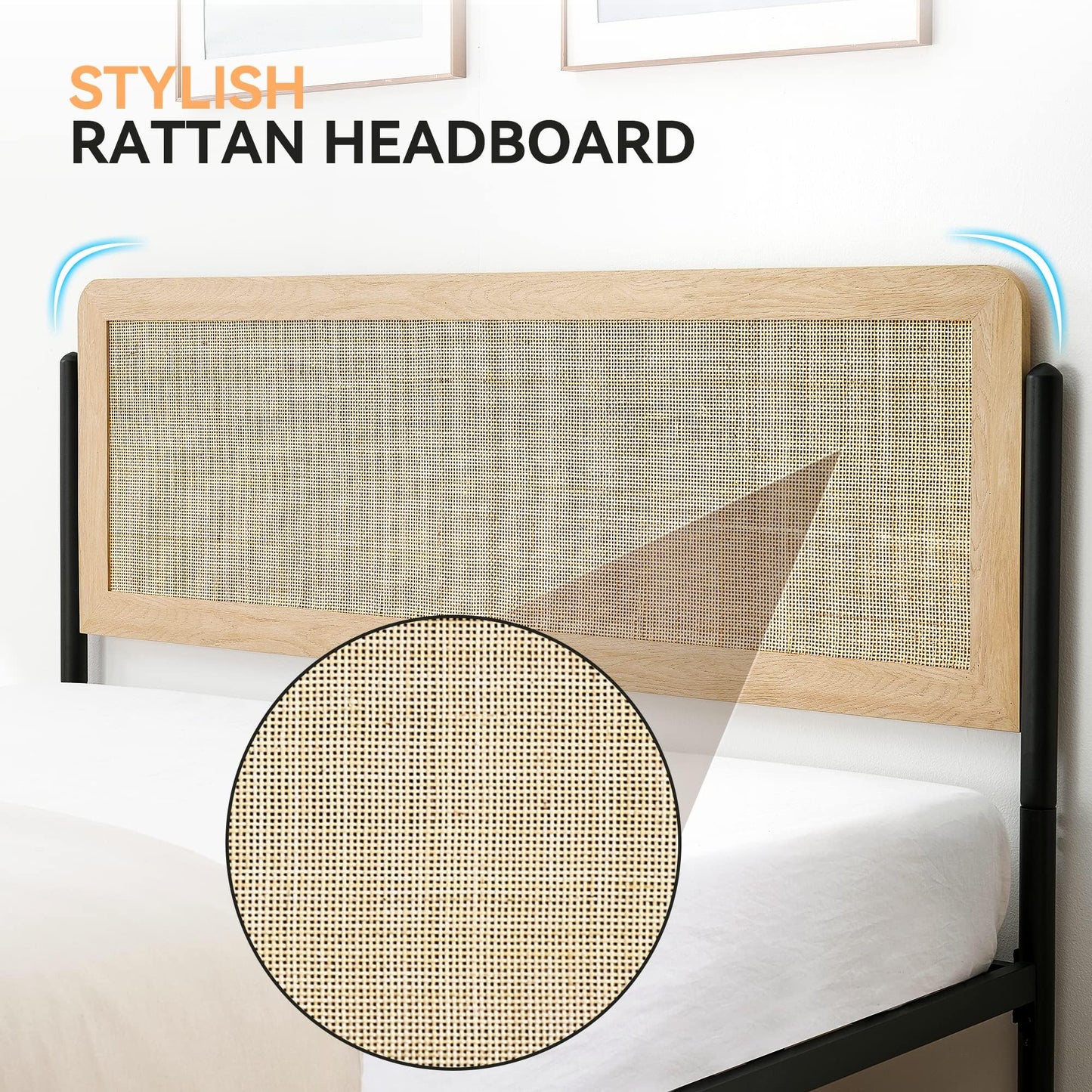 GAOMON Full Size Bed Frame with Natural Rattan Headboard and Wooden Footboard, Heavy Duty Metal Platform Bed Frame with Storage, Mattress Foundation Easy Assembly No Box Spring Needed, Rattan