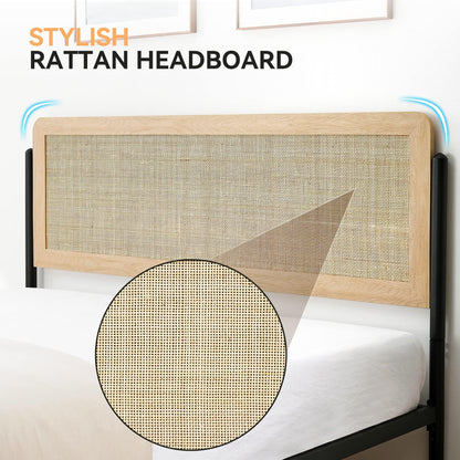 GAOMON Full Size Bed Frame with Natural Rattan Headboard and Wooden Footboard, Heavy Duty Metal Platform Bed Frame with Storage, Mattress Foundation Easy Assembly No Box Spring Needed, Rattan