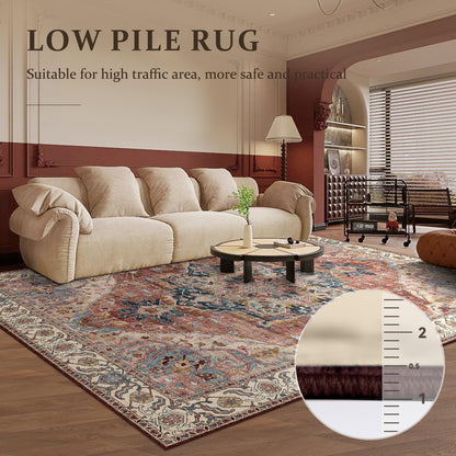 Deerly Vintage Area Rug 5x7 Boho Washable Rug for Living Room Bedroom Non Slip Low Pile 5x7 Rug for Kitchen Entryway Bedroom Dining Room Office, Brickred/Multi