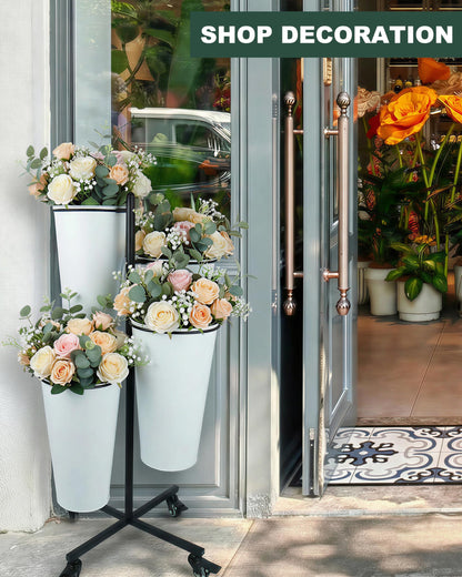 vensovo Flower Bucket Stand with 4 White Buckets, 33" Black Metal Flower Display Stand for Bloom Bar, Wedding Flower Display, Florist Shop, Event & Party Decor