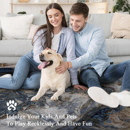 Abstract 9x12 Rug for Living Room: Modern Washable Blue Area Rugs for Bedroom Dining Room - Pet Friendly Thin Low Pile Non-Slip Stain Resistant Large Carpet