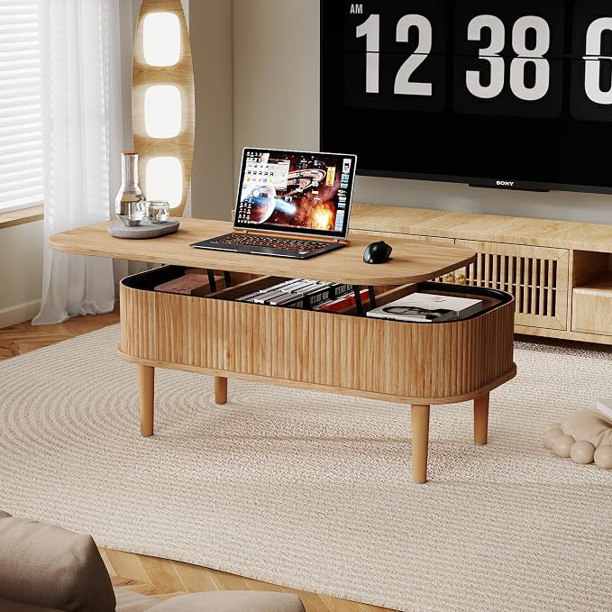 Fluted Lift Top Coffee Table with Hidden Storage, Oval Coffee Table with Lifting Top, Mid Century Modern Design for Living Room, Office & Small Spaces, Natural