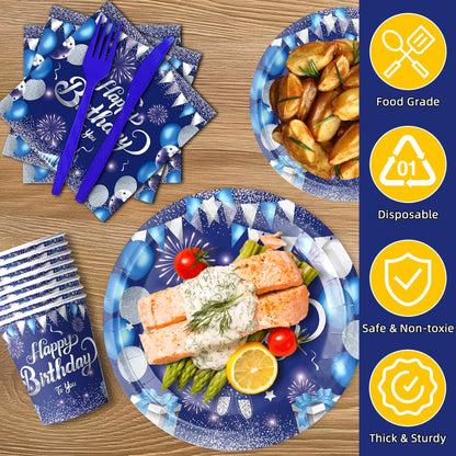 74 Pcs Blue Sliver Happy Birthday Party Supplies Disposable Tableware Set Included Plates, Cutlery, Cups, Napkins, Tablecloth, Banner, Backdrop - Serves 10