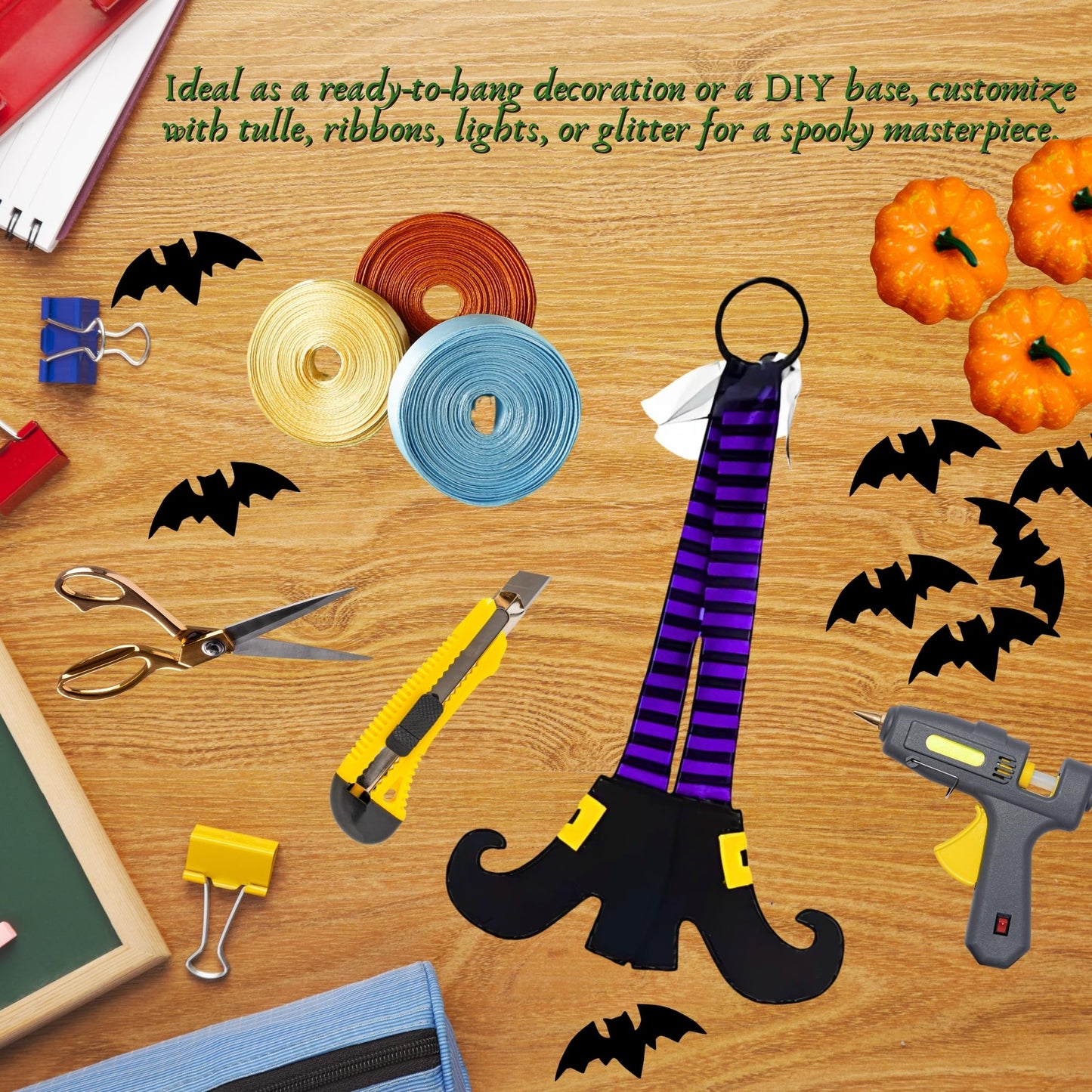 Halloween Dangling Witch Leg Decorations 22”Hx15”W, Green, Orange & Purple Striped Stockings 3/Pk