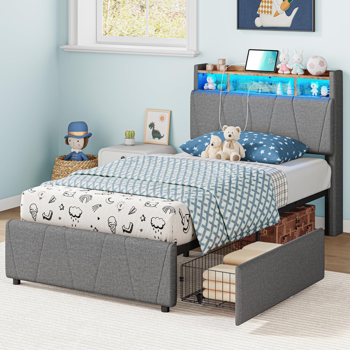 LIKIMIO Twin Bed Frame with 2 Storage Drawers, Charging Station & LED Lights, Upholstered Platform Twin Bed with Storage Headboard, Strong Wooden Slats, No Box Spring Needed, Easy Assembly, Grey