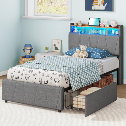 LIKIMIO Twin Bed Frame with 2 Storage Drawers, Charging Station & LED Lights, Upholstered Platform Twin Bed with Storage Headboard, Strong Wooden Slats, No Box Spring Needed, Easy Assembly, Grey