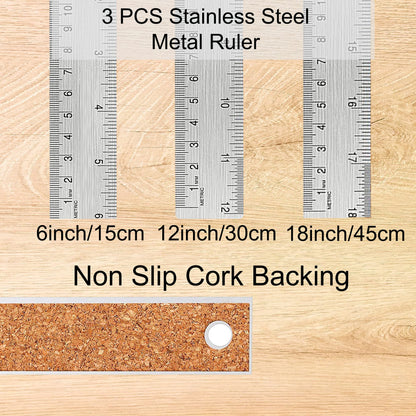 Metal Ruler Set [6+12+18 Inch] – Stainless Steel Rulers with Cork Backing, Non-Slip Measuring Tools with Inch & Centimeter Markings, Drafting and Office Use, Prevents Ink Leakage