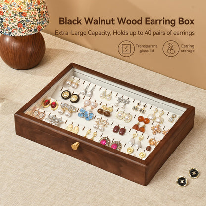 Vwixkuxx Black Walnut Wooden Earring Box, 40 Pairs Earrings Natural Solid Wood Jewelry Organizer Tray with Clear Glass Lid, Desktop Velvet Lined Holder Display Case for Women Girls Gifts for Mom.