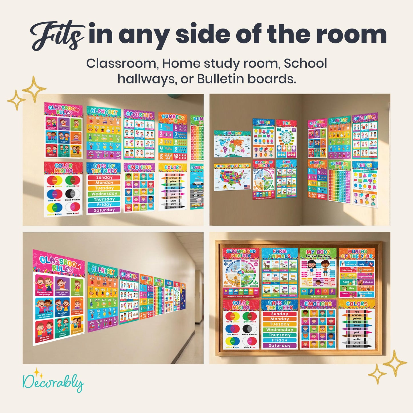 Decorably 20 Vibrant Learning Posters for Toddlers 1-3, 11x17in Educational, Matte-Laminated Classroom Decor - for School Hallways, Bulletin Boards, Home Study Room