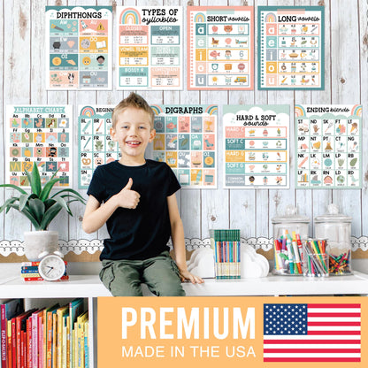 Hadley Designs Phonics Posters for Classroom Must Haves - 9 Sound Wall for Kindergarten & Elementary Teacher Supplies, Syllable, Vowels, Digraphs & Blends Bulletin Board Set, Boho Classrom Decor
