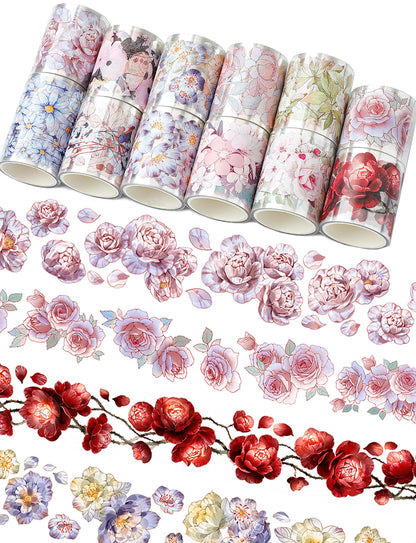 Cratey Floral Washi Tape Set - 12 PET & Washi Tapes for Journaling Stickers, Scrapbooking Supplies, Planner, Bullet Journals,Arts & Crafts. Use as Stickers