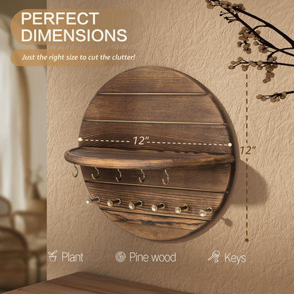 Rebee Vision Pine Wood Key Holder Wall Mount – Rustic Wooden Key Hooks for Wall with Shelf – Decorative Mail Organizer, Coat Rack & Dog Leash Holder for Home Decor, Entryway and Living Room (Brown)