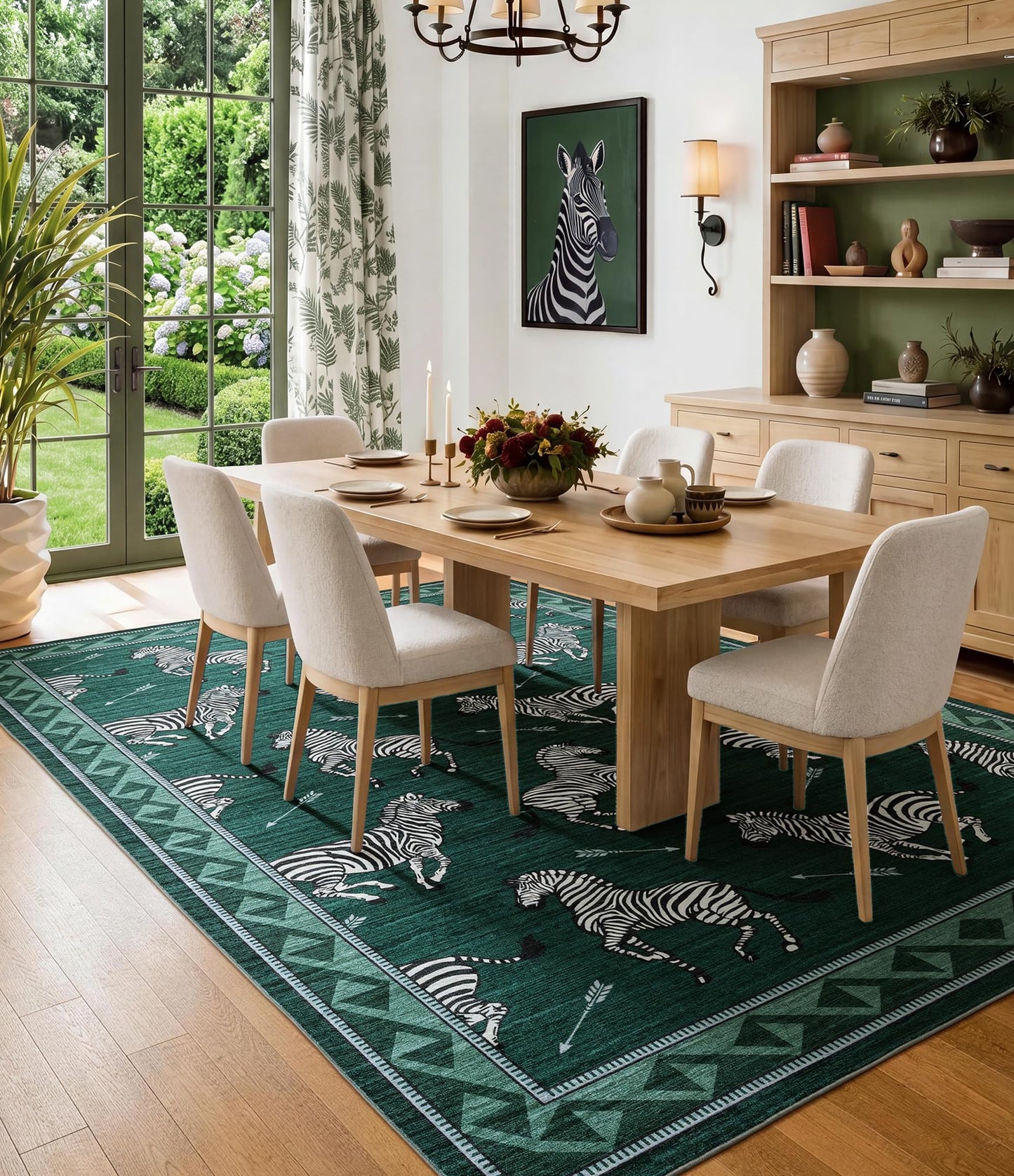 YIHOUSE Green Zebra Area Rugs 5×7, Washable Animal Print Rug with Southwestern Border, Non-Slip Low Pile Mid-Century Modern Carpet for Living Room, Bedroom, Dining Room