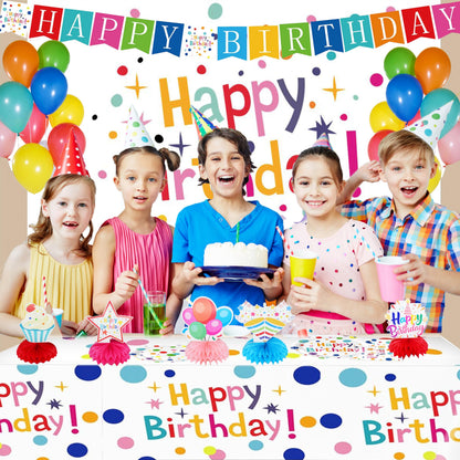 Happy Birthday Decorations Set for Kids - Party Supplies Kit with Honeycomb Balls, Banner, Backdrop, Balloons, Tablecloth, Plates, Napkins- Birthday Party Decor for Boys Girls