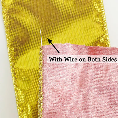 MEEDEE Pink and Gold Velvet Ribbon 2.5 inch Thick Velvet Wired Edge 10 Yards Two Tone Ribbon for Christmas Tree, Gift Wrapping, Wreaths, Large Bows, Crafts Supply