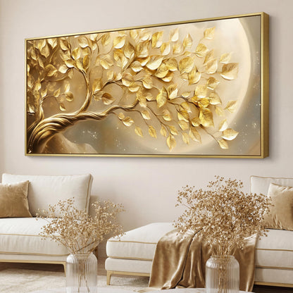 BirdSuite Gold Framed Golden Leaf Money Tree Wall Art, Luxury 3D Effect Canvas Print, Ready to Hang Wall Decor for Living Room Bedroom Office Dining Room Entryway, 58x29 Inch