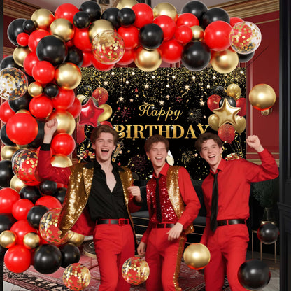 Red Birthday Party Decorations for Women,Balloon Aich kit,Black Gold Confetti Balloons,Happy Birthday Backdrop