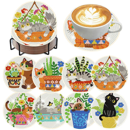8 Pcs Cat Diamond Art Coasters with Holder, Cat Diamond Painting Coasters Kit for Adults, Crafts Kits for DIY Coasters for Cat Lover Gift 4X4 inch