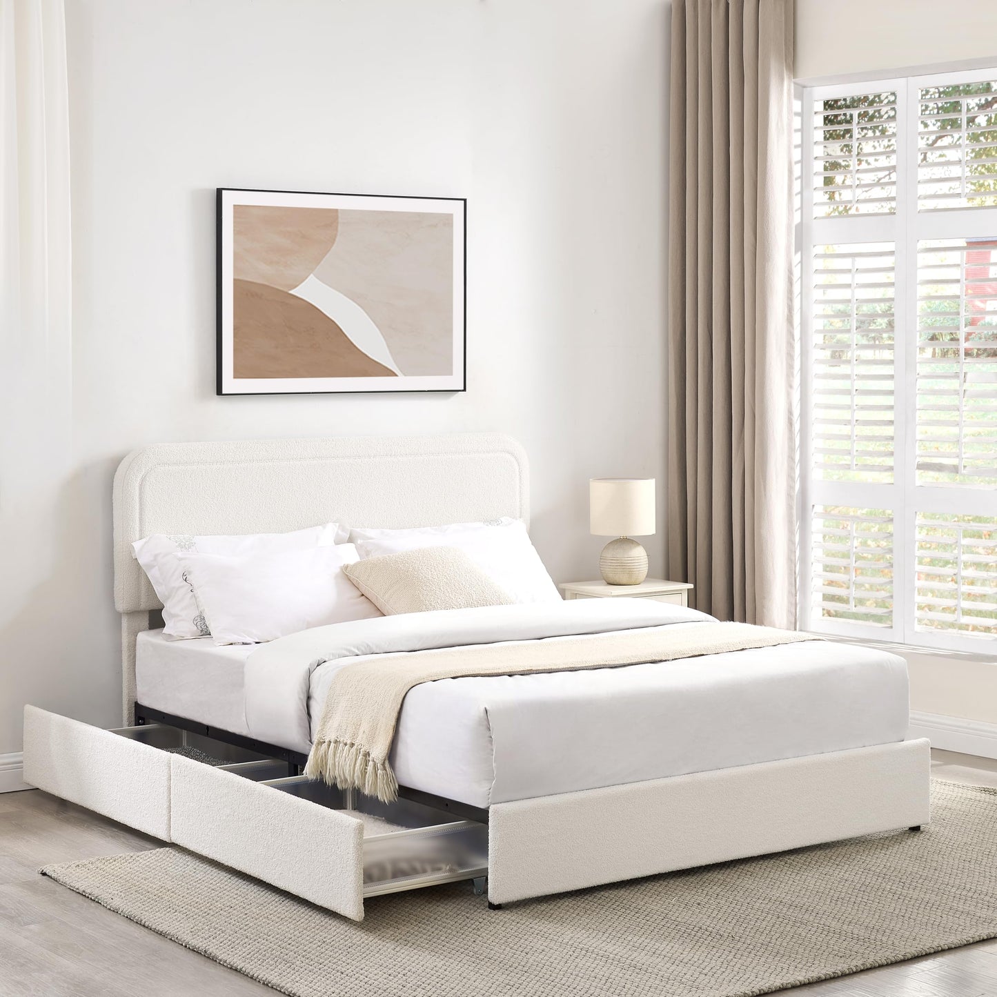 Ball & Cast Queen Size Bed Frame,Boucle Upholstered Platform Bed with Patented 2 Drawers Storage & Curved Stitched Headboard,Wooden Slats Support,No Box Spring Needed,Easy Assembly,Ivory