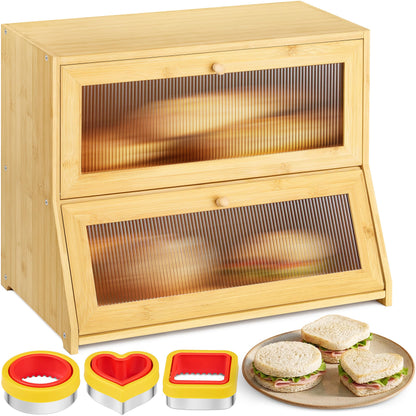 Boulora Large Bread Box for Kitchen Countertop - Bamboo Wooden Bread Box, Vintage Breadbox Countertop Cabinet, Double-Layer XL Sourdough Holder, Ventilated Clear Windows, Cutters & Sealers