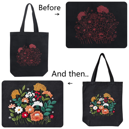 MAMUNU Canvas Tote Bag Embroidery Kit with Pattern for Beginners, Arts and DIY Crafts Kits for Adults, Include Instructions Embroidery Bag, Embroidery Hoops, Color Threads and Tool (Black)