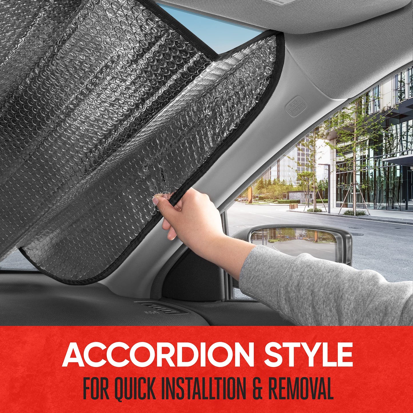 Motor Trend Gray Accordion Folding Car Windshield Sun Shade - Blackout Sun Visor for Car Windshield - Foldable Jumbo Sunshade and Front Window Truck Sun Screen for UV Sun Protection - 66 x 27