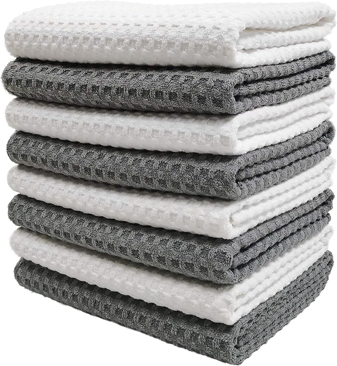 POLYTE Ultra Premium Microfiber Kitchen Dish Hand Towel Waffle Weave, 8 Pack
