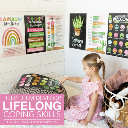 Hadley Designs 8 Calming Corner Posters for Classroom Must Haves -Calm Down Corner Supplies with Emotions Chart,School Counselor Mental Health Poster,Feelings Chart For Kids, Farmhouse Classroom Decor