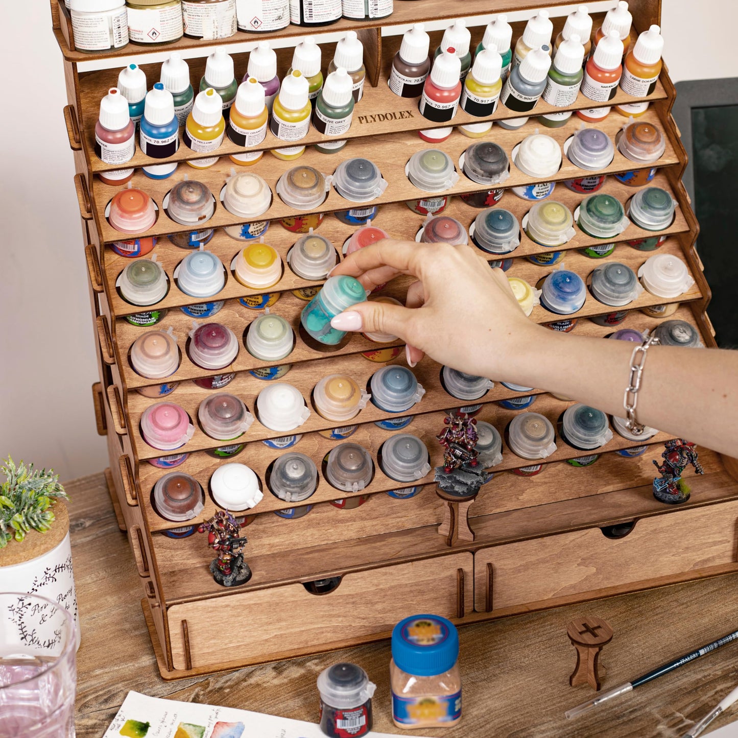 Plydolex Wooden Paint Organizer - 74 Holes Suitable for Vallejo, Citadel, Tamiya Paint Bottles - 14 Brushes Holes, 6 Minis Stands and 2 Drawers - Works for Warhammer, DnD and Other Miniatures
