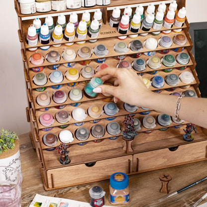 Plydolex Wooden Paint Organizer - 74 Holes Suitable for Vallejo, Citadel, Tamiya Paint Bottles - 14 Brushes Holes, 6 Minis Stands and 2 Drawers - Works for Warhammer, DnD and Other Miniatures