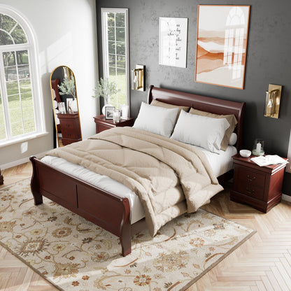 Furniture of America Louis Philippe Traditional Solid Wood 3 Piece Bedroom Set, Queen Bed Frame and Nightstands Set of 2, Sleigh Design Bedframe with Headboard and Footboard, Box Spring Needed, Cherry