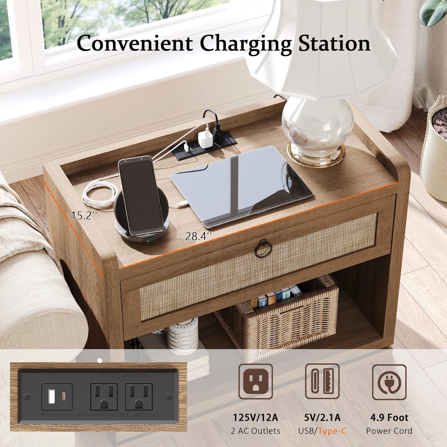 31" Wide Rattan Nightstand with Charging Station, End Side Table