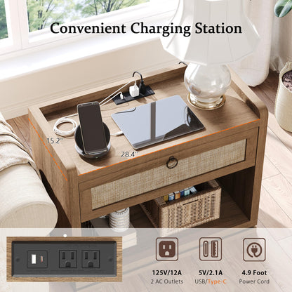 31" Wide Rattan Nightstand with Charging Station, End Side Table