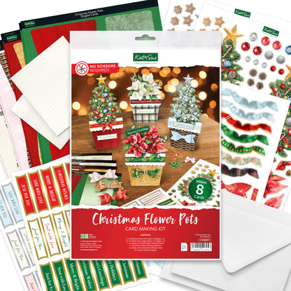 Katy Sue Christmas Flower Pots Card Making Kit. Contains 8 x 300 GSM Cards, Envelopes, 3D Die-Cut Decoupage, Paper Bows, Sticky Foam Pads & 2 Sheets of Christmas Sentiment Banners