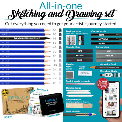 NIL - TECH 37-Pc Professional Drawing Set & Sketching Kit for Adults – Complete Art Supplies with Travel Case, Sketch Pad & Tutorials – Ideal Gift for Sketching