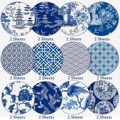 Whaline 24 Sheets Chinoiserie Pattern Paper 12 Design Blue China Scrapbook Specialty Double-Sided Collection Oriental Decorative Craft Paper for DIY Card Making Photo Album Journal Decor