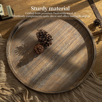 Hanobe Ottoman Tray for Living Room: 22" Decorative Wooden Trays with Handles for Living Room Home Decor Farmhouse Rustic Round Topper for Coffee Table