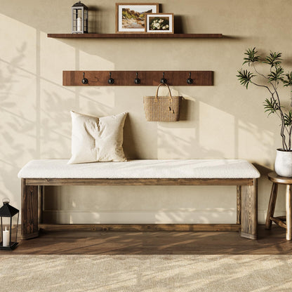 LITTLE TREE 63" Upholstered Bench, Solid Wood Entryway Shoe Bench with Cushion, Long Modern Farmhouse End of Bed Bench with Antique Brown Legs & Faux Lamb Fur Seat for Bedroom, Living Room, Dining
