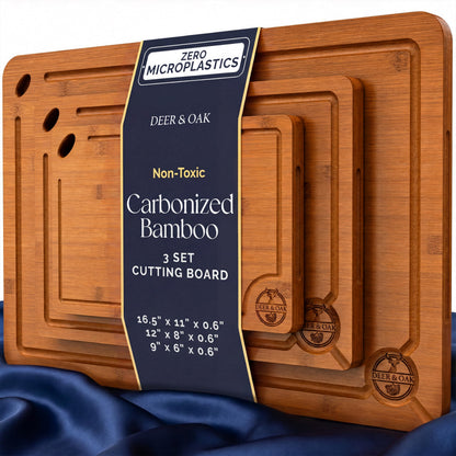 Pre-Oiled, Non Toxic 3-Piece Carbonized Bamboo Cutting Board Set, Eco-Friendly Wooden Chopping Boards for Kitchen with Hanging Hole, 500°F Carbonized Technology Charcuterie Serving Boards Deer & Oak