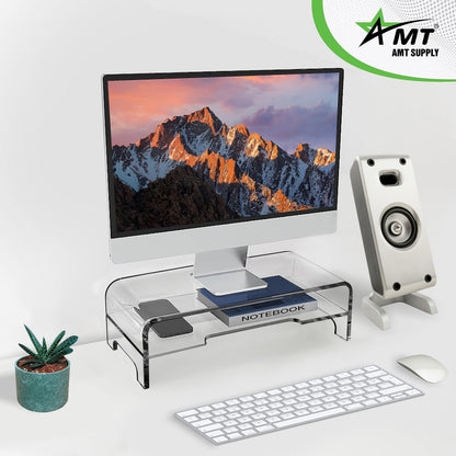 AMT Clear Acrylic Monitor Stand Riser 2 Tier, 5.5 Inches High Clear Computer Desk Organizer Shelf for Multi Media PC Storage Laptop
