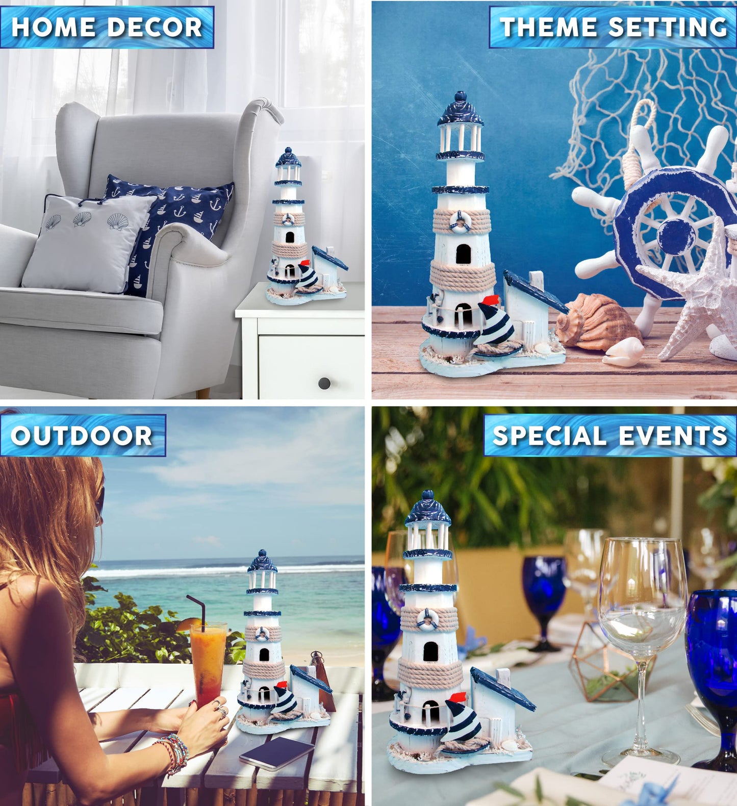 COTA Global Ocean Blue Lighthouse Decor - Handmade and Crafted Wooden Lighthouse Decoration with Sailboat Figure, Nautical Themed Home Decor – 13.5 Inch
