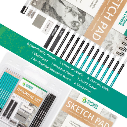 Drawing Set - Sketching and Charcoal Pencils - 100 Page Drawing Pad, Kneaded Eraser. Art Kit and Supplies for Kids, Teens and Adults, Sketch Set