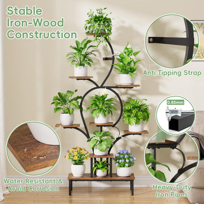 POZILAN 9-Tier Tall Plant Stand Indoor with Grow Lights, Metal & Wood Corner Plant Shelf for Living Room Balcony, 63" Tiered Display Rack for Heavy Pots, S-Shaped Modern Flower Holder, Black
