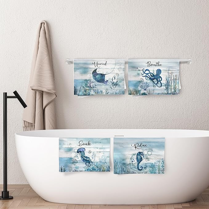 Nautical Hand Towels, Coastal Beach Bathroom Decor, Manta Ray Octopus Jellyfish