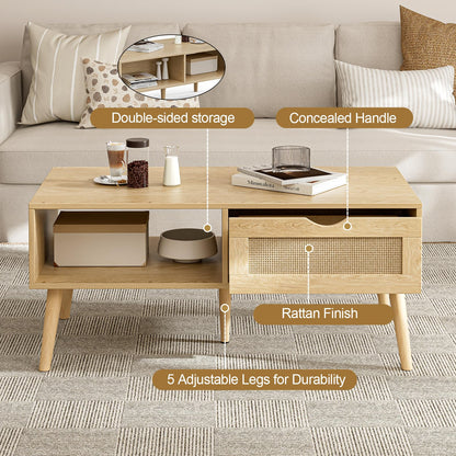 ZttRiee Rattan Coffee Table with Drawer, Boho, Natural